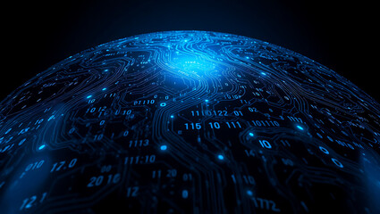 Futuristic Cyber Network: Glowing Digital Orbs Connecting Virtual Data in Blue Technology Sphere