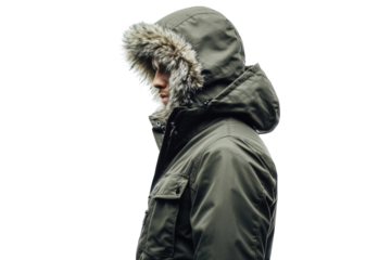 Man in warm parka jacket winter fashion fur lined hood cold weather protection stylish outdoor