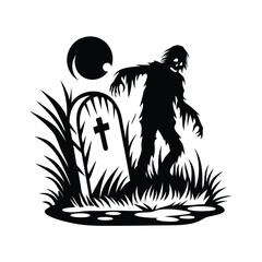 Black Silhouette of Zombie Walking Past Gravestone with Moon on White Background