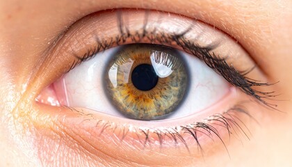 Close up of human eye featuring intricate details of iris pupil eyelashes and surrounding skin. Soft focus on the eye with visible veins and subtle highlights.