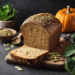 In the photograph, you can see a crunchy whole-grain bread, rich with a variety of seeds enticingly emerging from its interior. Its appetizing appearance promises a delicious and healthy meal .