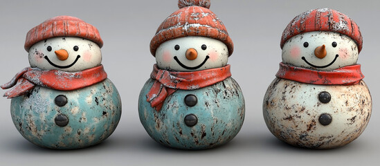 Three decorative distressed vintage style snowmen.