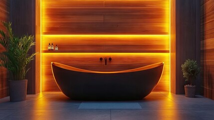 Modern bathroom interior with warm lighting and wooden accents.