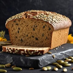 In the photograph, you can see a crunchy whole-grain bread, rich with a variety of seeds enticingly emerging from its interior. Its appetizing appearance promises a delicious and healthy meal .