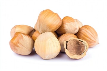 Pile of whole hazelnuts with one cracked open on white background
