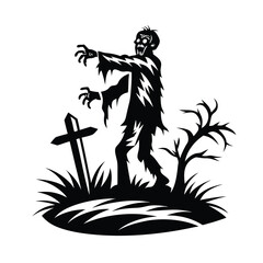 Silhouette Walking Zombie with Gravestone & Bare Tree, Spooky Graveyard Art