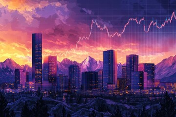 Obraz premium Cityscape sunset, stock market growth, mountains background; financial success illustration