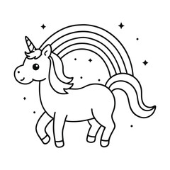 Adorable Kawaii Unicorn – Black & White Line Art with Rainbow Fantasy Vibe