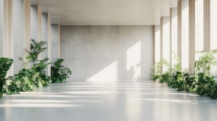 Obraz premium Modern, minimalist hallway with light-filled columns and lush greenery. Concrete walls, polished floor, and natural light create an elegant space