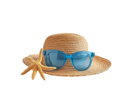 A cute summer hat with blue sunglasses and a starfish on Png Format and Transparent Background