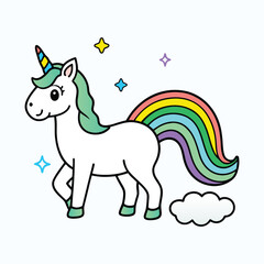 Naklejka premium Kawaii Cartoon Unicorn – Rainbow Mane, Blue Horn & Starry Pastel Vector