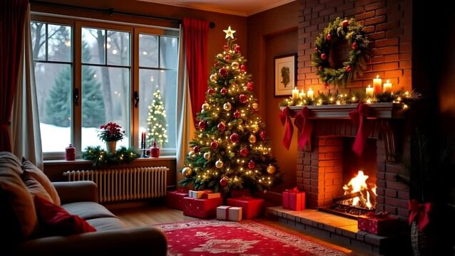 Christmas Interior Design with Fireplace Magic