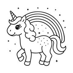 Whimsical Unicorn Doodle – Black & White Line Art with Rainbow & Stars