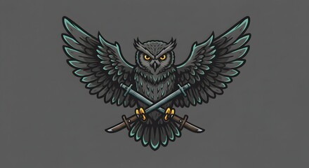 Fototapeta premium Owl with Crossed Swords Illustration