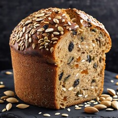 In the photograph, you can see a crunchy whole-grain bread, rich with a variety of seeds enticingly emerging from its interior. Its appetizing appearance promises a delicious and healthy meal .
