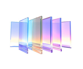 3d abstract glass square shapes in row. Iridescent crystal transparent plates, flying rainbow panels with holographic gradient, dispersion light for ui design, digital tech background