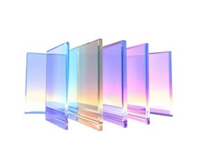3d abstract glass square shapes in row. Iridescent crystal transparent plates, flying rainbow panels with holographic gradient, dispersion light for ui design, digital tech background