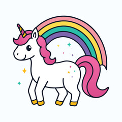 Cheerful Kawaii Unicorn – Pastel Rainbow Arc & Sparkle Vector Art