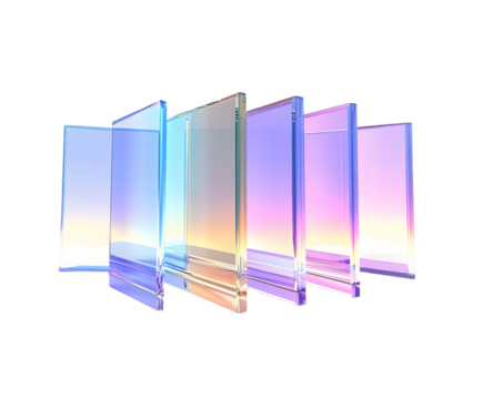 3d abstract glass square shapes in row. Iridescent crystal transparent plates, flying rainbow panels with holographic gradient, dispersion light for ui design, digital tech background