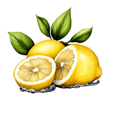 Two Whole Lemons and Two Halves Glistening with Water Droplets