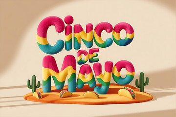 Playful 3D 'Cinco de Mayo' type made of soft fur with vibrant Mexican-inspired color gradients, placed in a toy-like diorama with tiny cacti and tacos. 3D text of Cinco de Mayo made of colorful fur