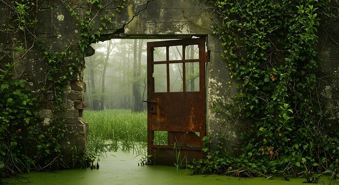 Open Rusty Door in Overgrown Wall Leads to Misty Forest