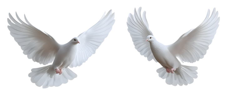 White doves in flight against a minimalist background showcasing their graceful wings and serene presence