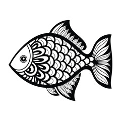 Intricate Fish Illustration, Black & White, Detailed Scales, Ornamental Fins and Tail