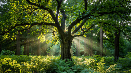 Obraz premium Sunbeams dance through ancient oak trees creating a magical forest scene serene and breathtaking nature at its finest