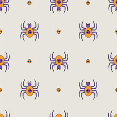 Seamless pattern with hand drawn Halloween spiders. Line art spooky repeat background.