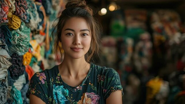Young woman smiling, surrounded by colorful fabrics