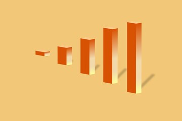 A dynamic 3D-rendered illustration featuring an ascending bar graph in vibrant orange tones. The graph stands out against a warm orange background, creating a cohesive and energetic visual