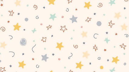 Ultra-High-Resolution Modern Vector Pattern Cover Featuring Whimsical Doodle Shapes in Soft Pastel Hues &ndash; Pale Blues, Creamy Yellows, Mint Greens on a Blush Pink Background with Intricate Stars, Circl