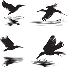 Kingfisher Diving into water Flat black vector silhouette