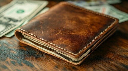 Rustic brown leather wallet with cash on wooden table.