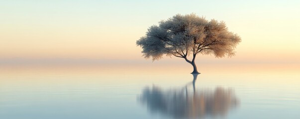 A lone tree reflecting in calm water with a serene sky