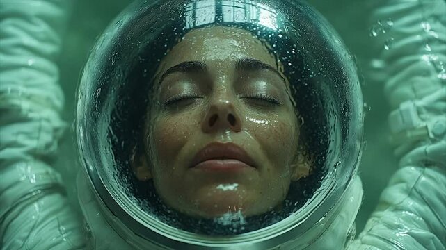 Astronaut in a peaceful, reflective state, floating in water