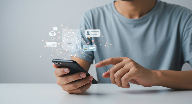 Person using smartphone with chat bot interface and message icons displayed on screen around phone