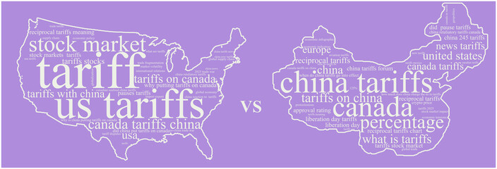 Belo Horizonte, Brazil - April 23th 2025. Purple and white word cloud with outlines of USA and China maps filled with relevant keywords from the recent tariff dispute between the two countries