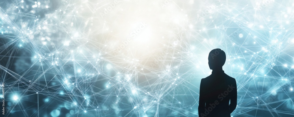 Poster a person standing and gazing into an illuminated network background