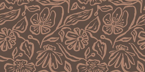 Brush strokes inky flowers brown seamless pattern. Abstract floral contemporary background. Textured botanical minimalist wallpaper