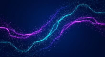 Abstract neural network simulation, with interconnected glowing nodes and flowing digital pulses. Background in deep navy blue or black, nodes in gradient tones of neon purple, blue, and green.