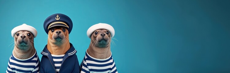 Robben-Crew in Marine-Look mit Kapit&auml;n &ndash; tierisches Team zur See