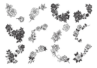 Delicate floral corner element featuring roses silhouette vector