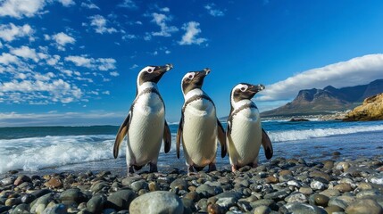 Fototapeta premium Three African penguins standing on a rocky beach, ocean and mountains in the background.