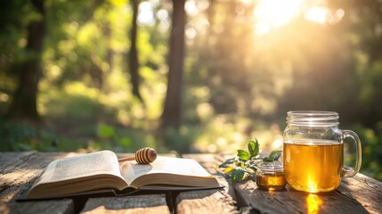 Open book, honey tea, and wooden table in a sunlit forest setting.  A honey dipper rests on the open book, and a glass jar of honey tea is on the rustic wooden table