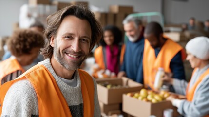 A dedicated group of volunteers collaborates in a bustling charity warehouse, sorting donations and packing essentials to help those in need, showcasing the power of kindness and community spirit