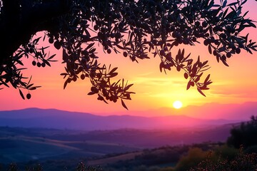 Naklejka premium Silhouette of olive tree branches against tuscan sunset and rolling hills landscape