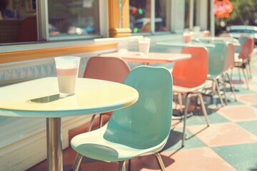 Retro cafe patio in pastel colors, abandoned milkshake glass, sunny day. AI generative