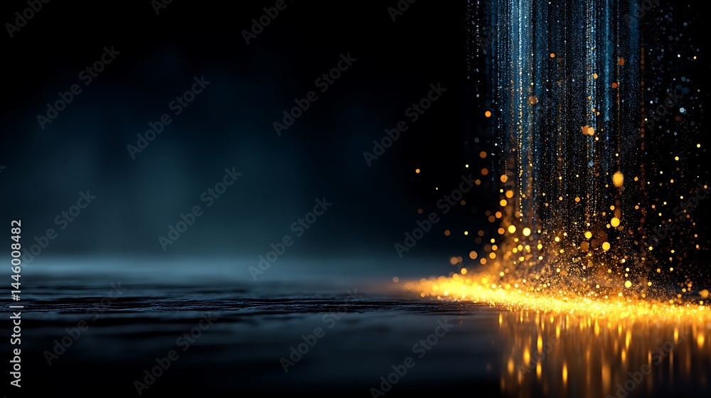 Poster abstract golden particle stream on dark backdrop, bokeh streaks with reflections